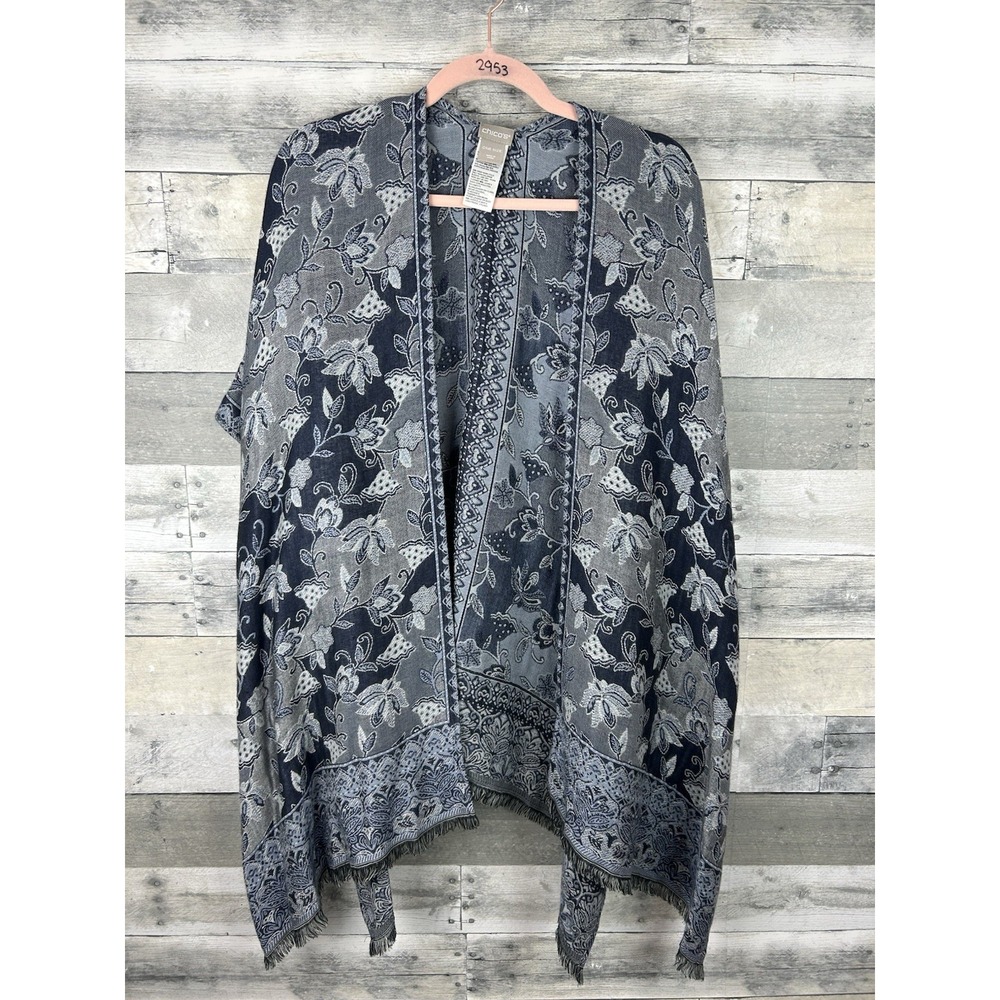 Chico's Blue Floral Jacquard Kimono Wrap Poncho One Size Fringed Hem